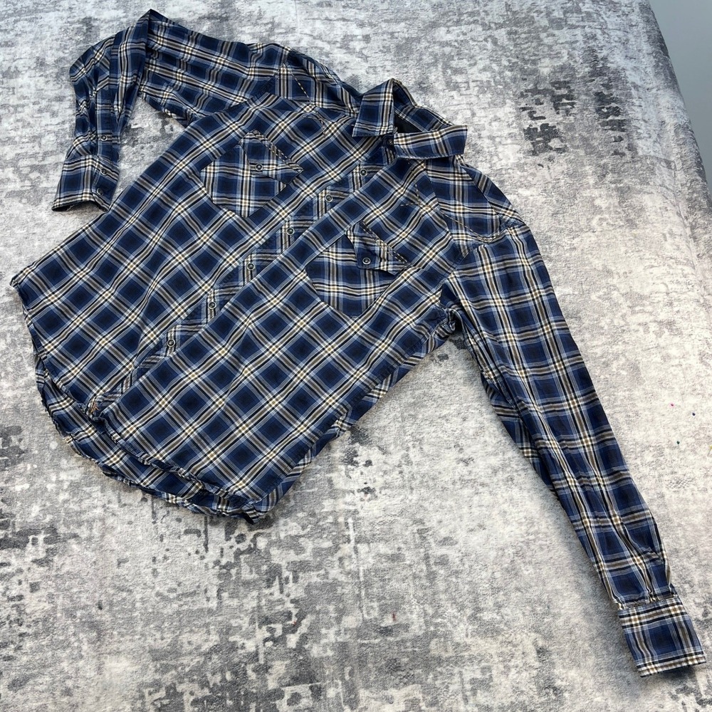 Wrangler Men Large Plaid Pearl Snap Shirt‎ Blue Beige 100% Cotton Westerncore